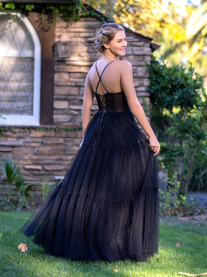 Corset Dotted Tulle Spaghetti Straps Floor Length Prom Dresses