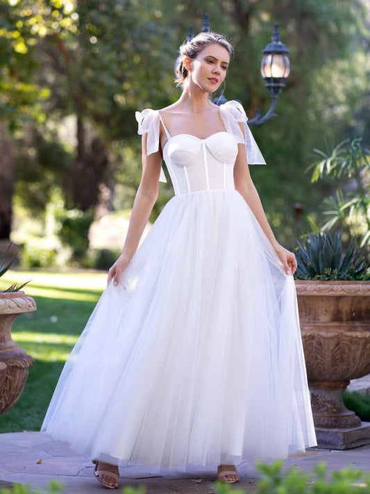 Corset Tulle Bow Spaghetti Straps Floor Length Prom Dresses
