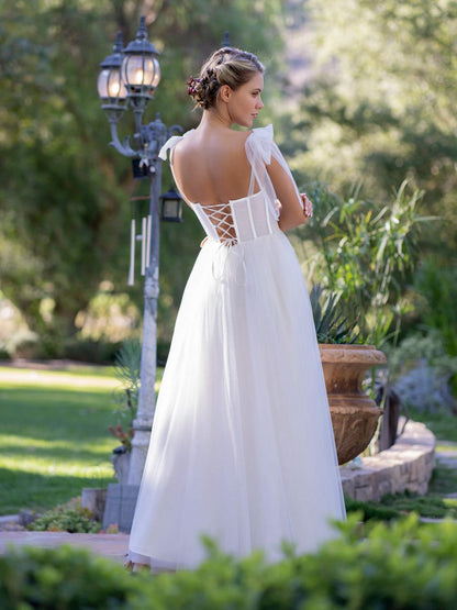 Corset Tulle Bow Spaghetti Straps Floor Length Prom Dresses