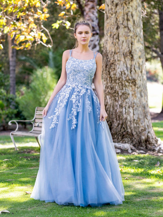 A-line Lace Applique Floor Length Tulle Prom Dresses