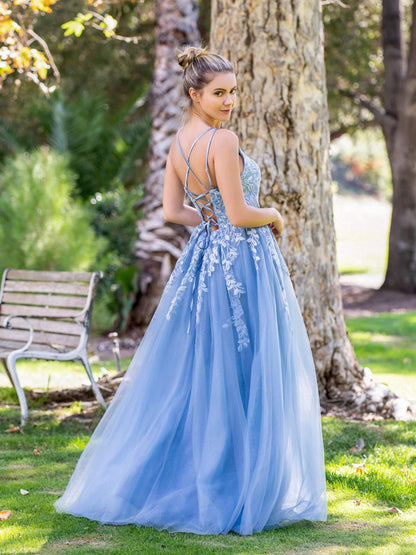 A-line Lace Applique Floor Length Tulle Prom Dresses