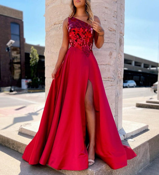 A-line One Shoulder Sequins Long Prom Dresses with Slit