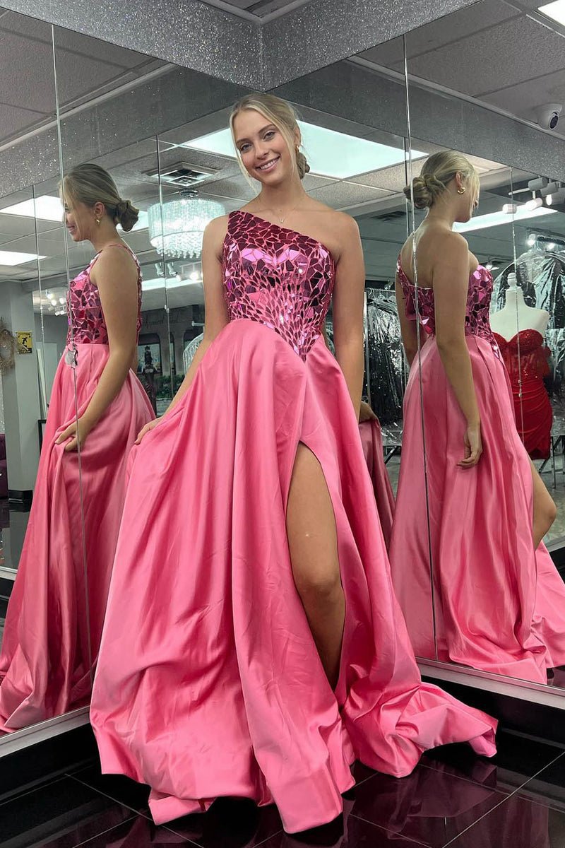 A-line One Shoulder Sequins Long Prom Dresses with Slit