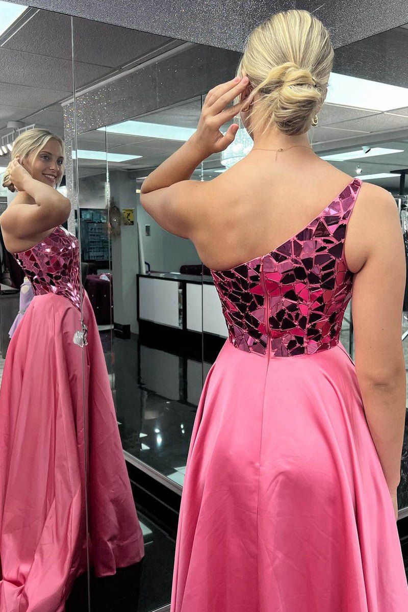 A-line One Shoulder Sequins Long Prom Dresses with Slit