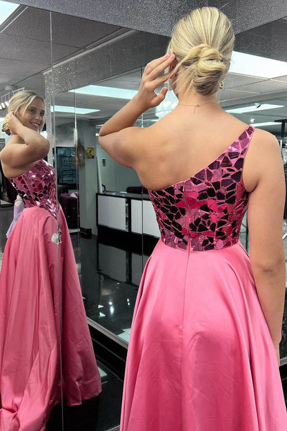 A-line One Shoulder Sequins Long Prom Dresses with Slit