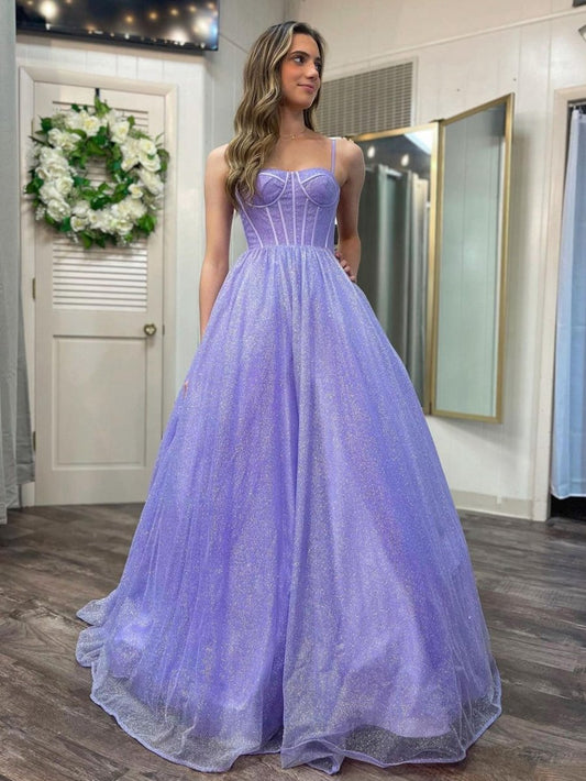 A-line Glitter Tulle Prom Dresses with Pockets