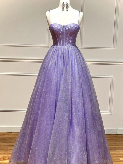 A-line Glitter Tulle Prom Dresses with Pockets