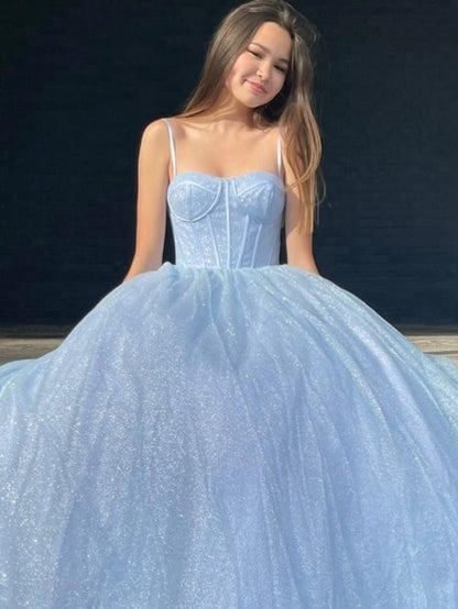 A-line Glitter Tulle Prom Dresses with Pockets