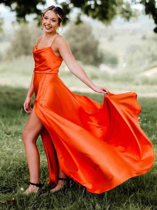 A-line Cowl Neck Satin Prom Dresses with Slit