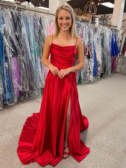 A-line Cowl Neck Satin Prom Dresses with Slit