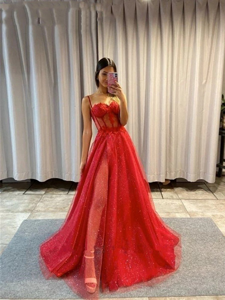 A-line Spaghetti Straps Glitter Tulle Prom Dresses