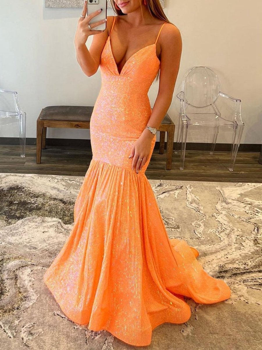 Mermaid V Neck Sequins Prom Dresses