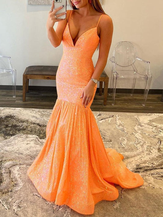 Mermaid V Neck Sequins Prom Dresses