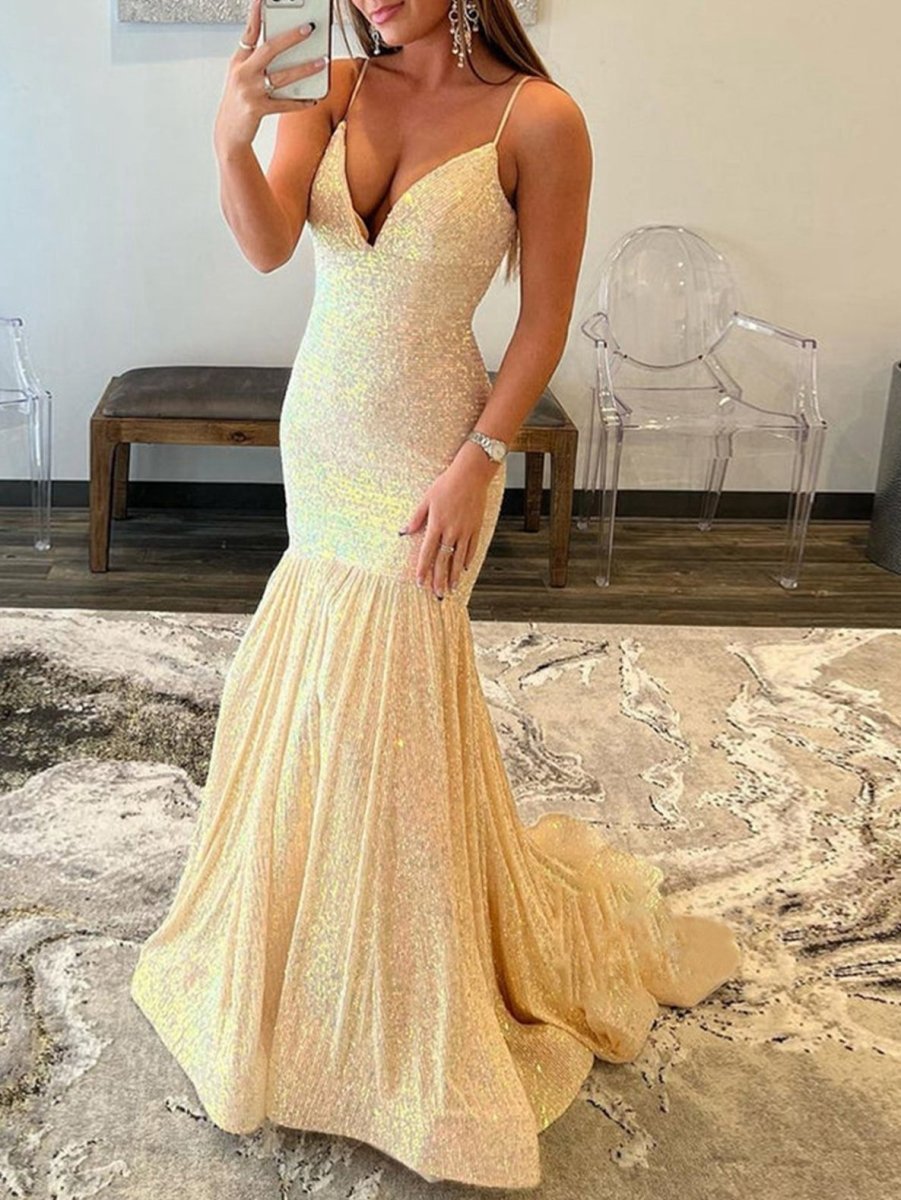 Mermaid V Neck Sequins Prom Dresses