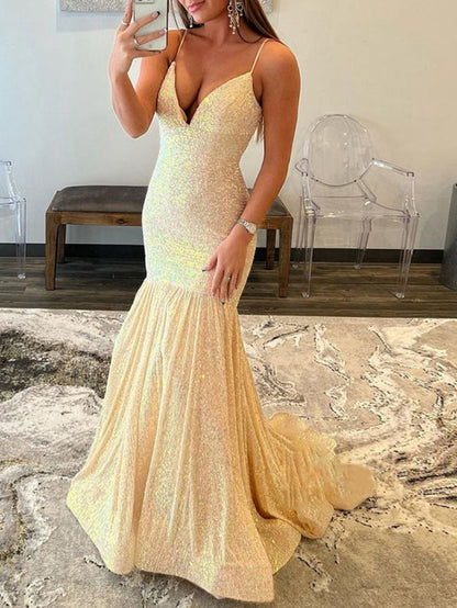 Mermaid V Neck Sequins Prom Dresses