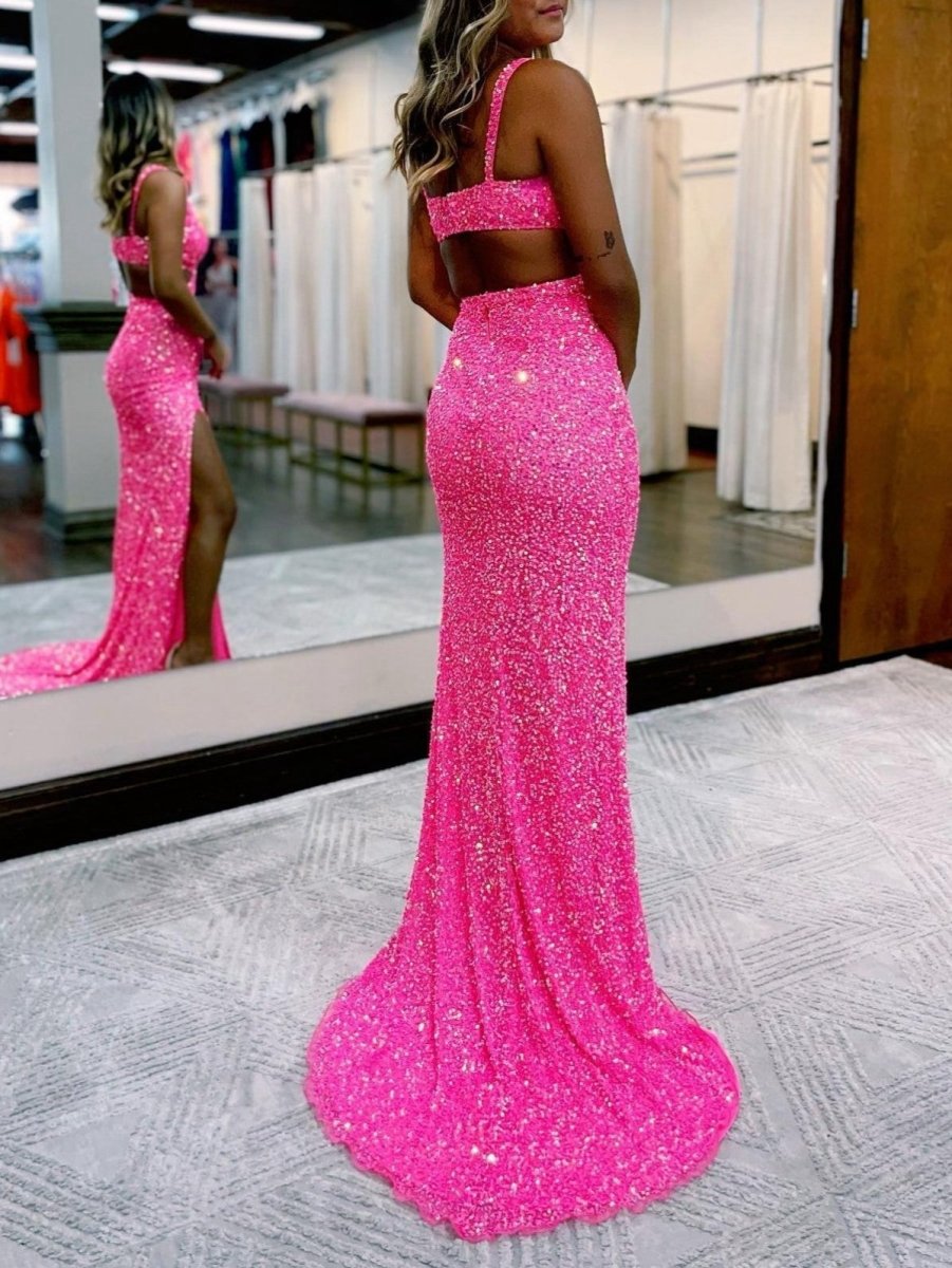 Mermaid V Neck Sequins Prom Dresses with Slit