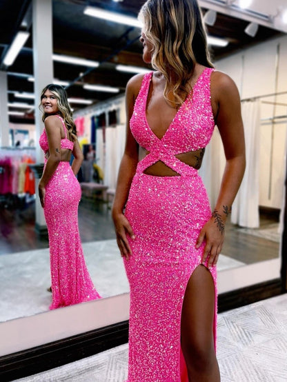 Mermaid V Neck Sequins Prom Dresses with Slit