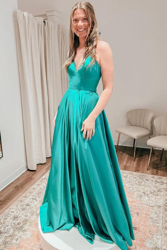 A-line Spaghetti Straps Satin Prom Dresses with Slit
