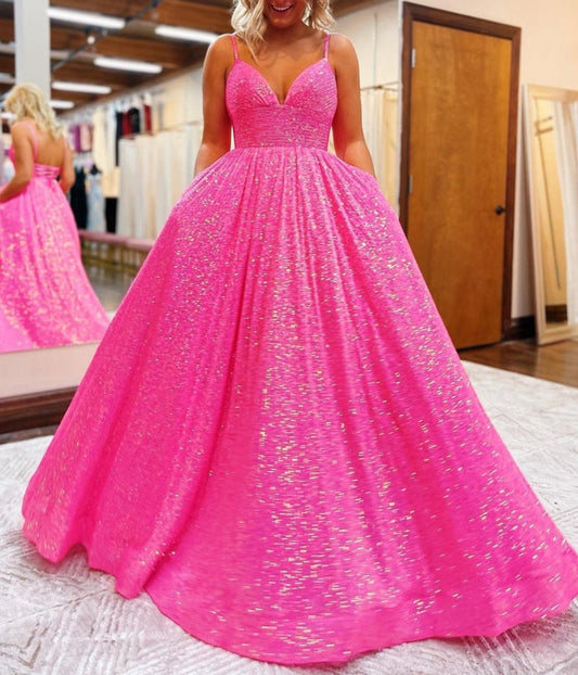 A-line V Neck Sequins Long Prom Dresses