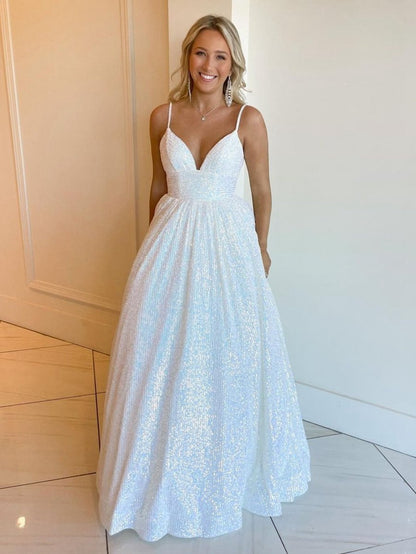 A-line V Neck Sequins Long Prom Dresses