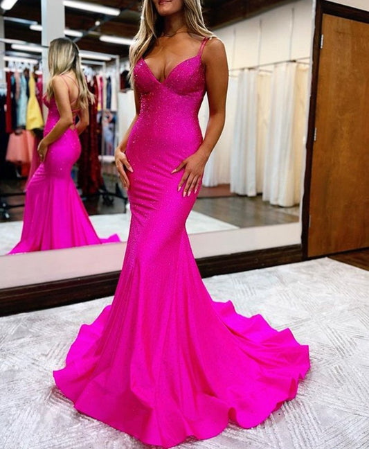 Sparkly Mermaid V Neck Beaded Satin Long Prom Dresses