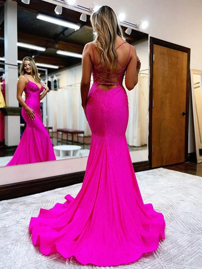 Sparkly Mermaid V Neck Beaded Satin Long Prom Dresses