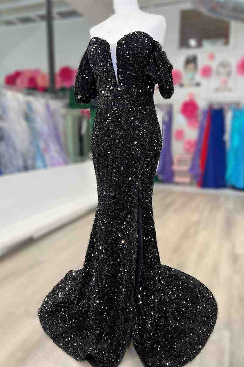 Puff Sleeves Sequined Long Party Dresses with Side Slit