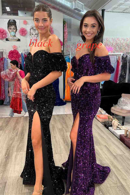 Puff Sleeves Sequined Long Party Dresses with Side Slit