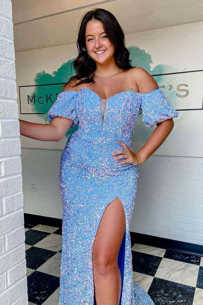 Puff Sleeves Sequined Long Party Dresses with Side Slit