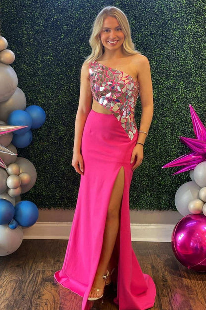 Sheath One Shoulder Cut Mirror Sequins Prom Dresses