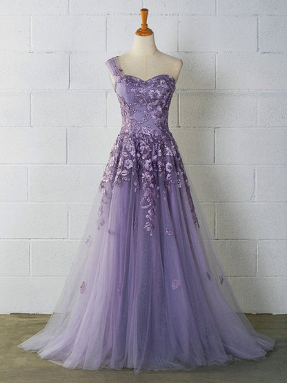 Sweet-Heart Tulle One Shoulder Floor Length Prom Dresses