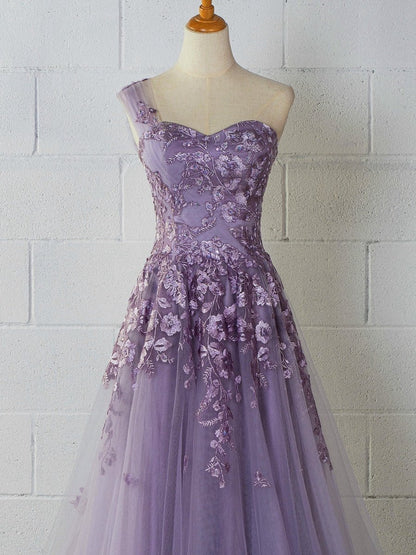 Sweet-Heart Tulle One Shoulder Floor Length Prom Dresses