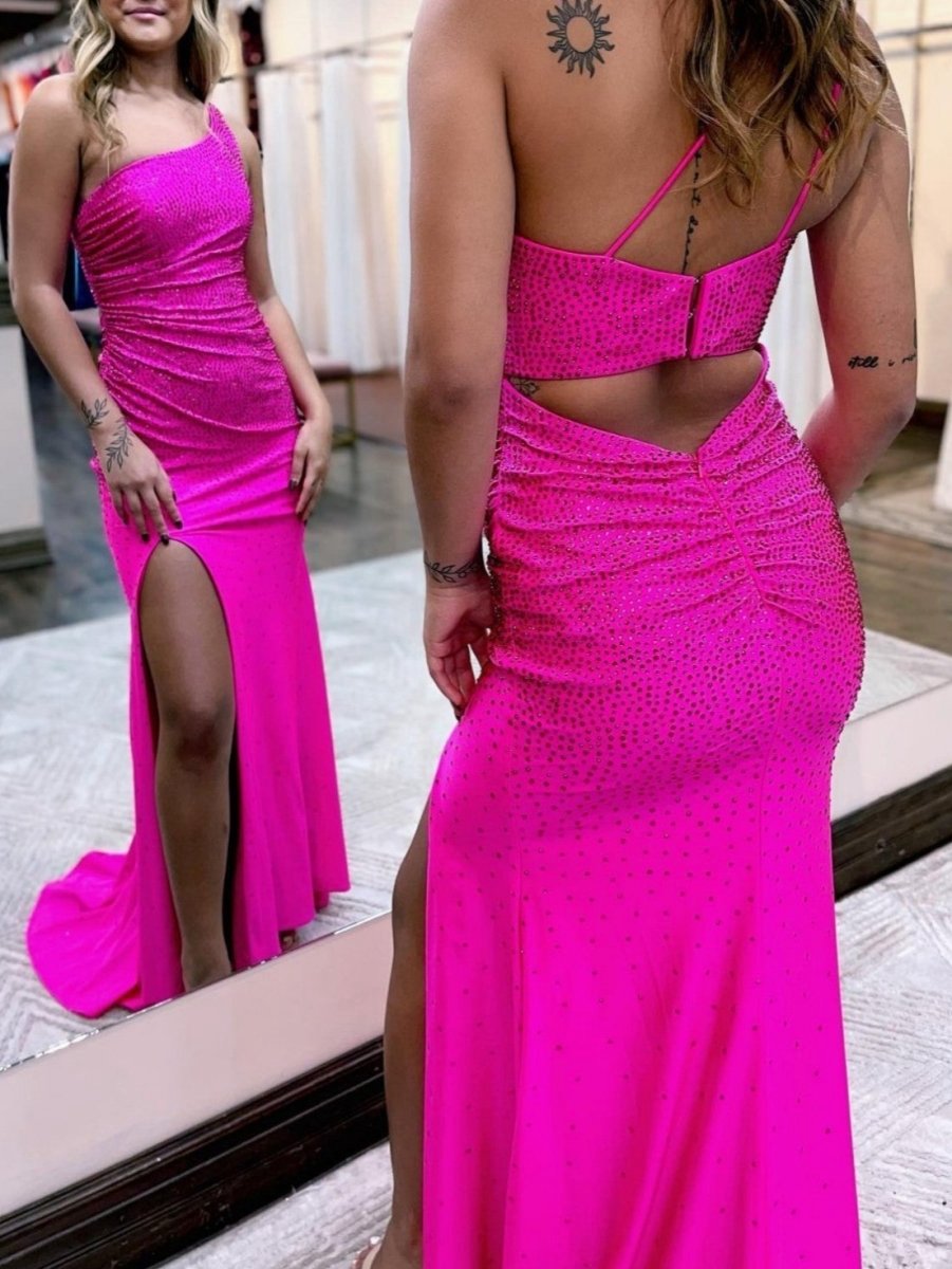 Mermaid One Shoulder Beaded Jersey Prom Dresses with Slit