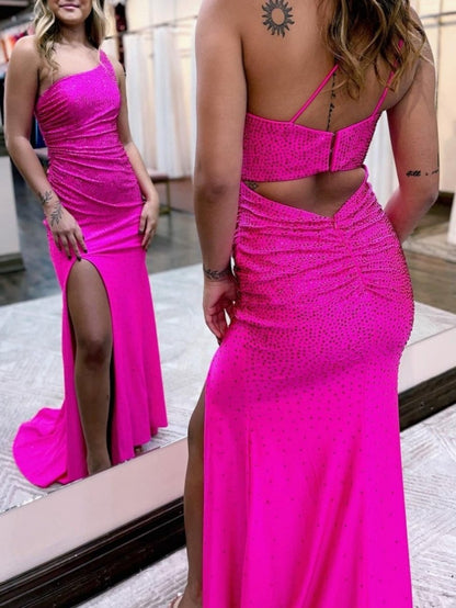 Mermaid One Shoulder Beaded Jersey Prom Dresses with Slit