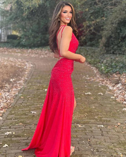 Mermaid One Shoulder Beaded Jersey Prom Dresses with Slit