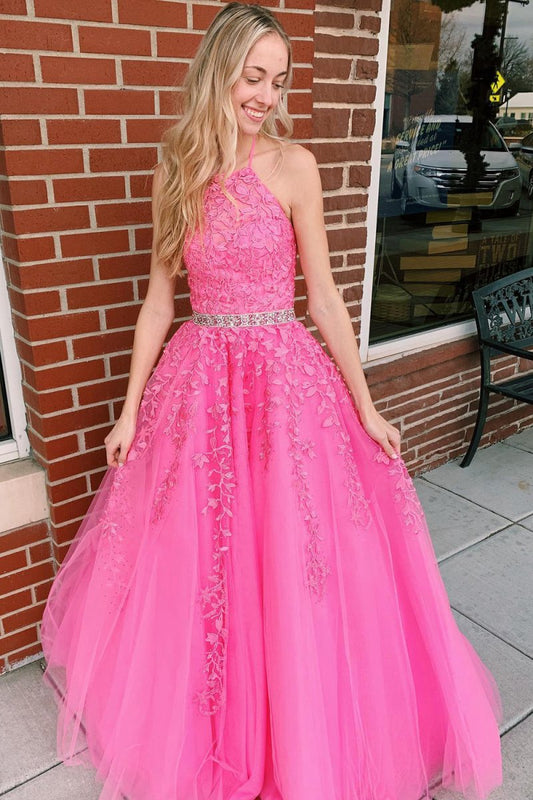 A-line Halter Tulle Prom Dresses with Appliques