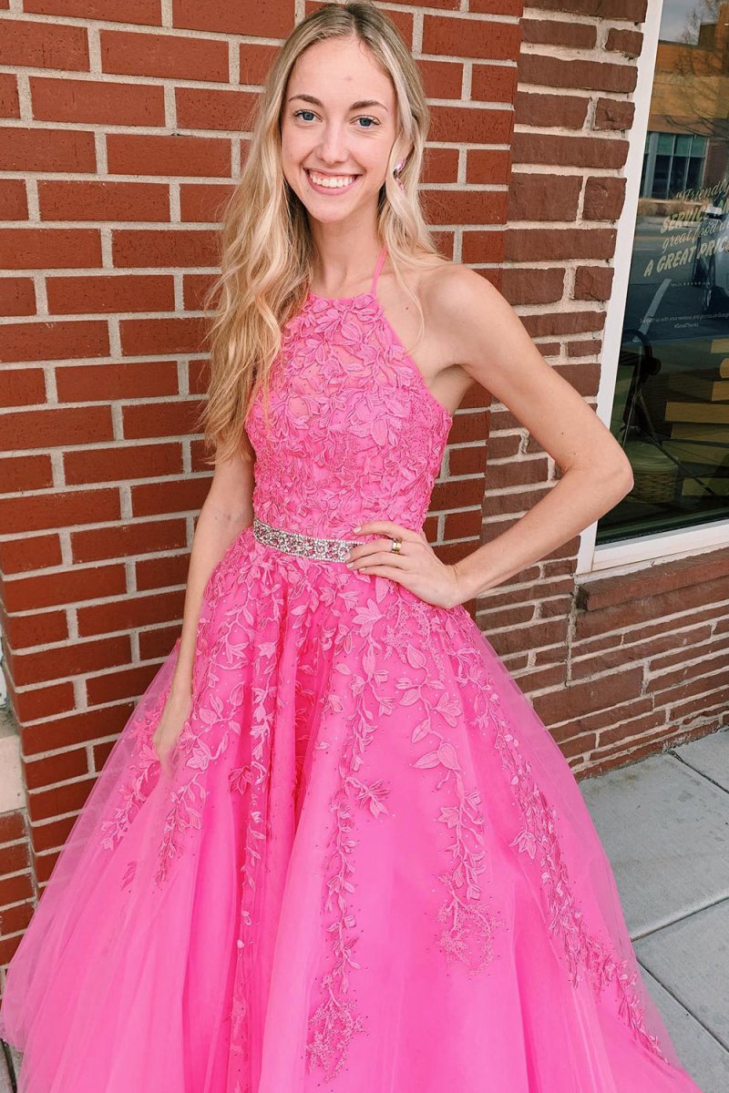 A-line Halter Tulle Prom Dresses with Appliques