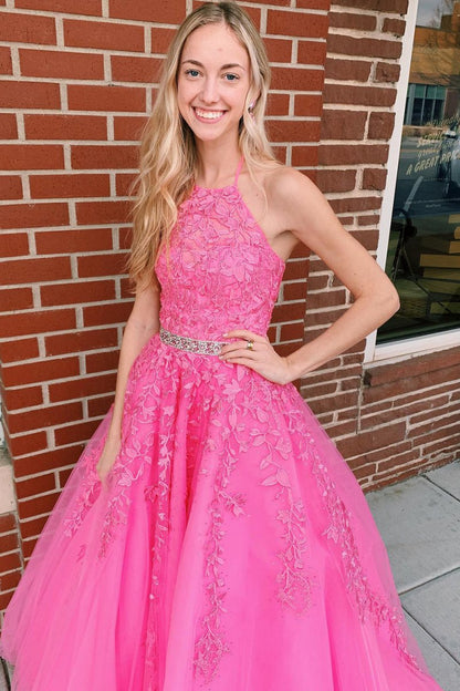 A-line Halter Tulle Prom Dresses with Appliques