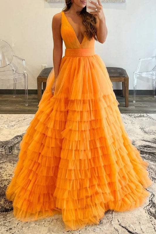 A-line V-Neck Tulle Long Prom Dresses