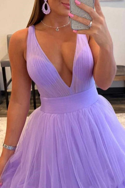 A-line V-Neck Tulle Long Prom Dresses