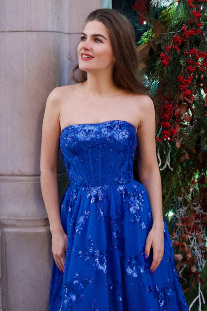 A-line Sequined Lace Long Prom Dresses with Pockets