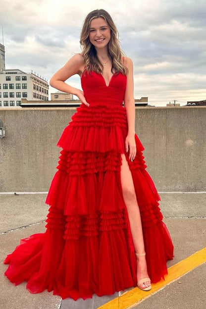 Tulle Deep V Neck Spaghetti Straps Long Prom Dresses
