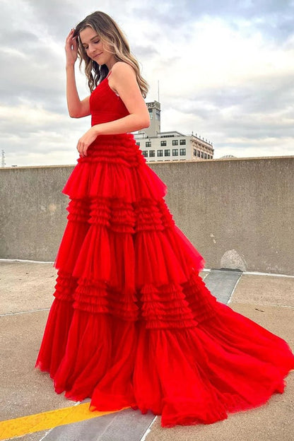 Tulle Deep V Neck Spaghetti Straps Long Prom Dresses