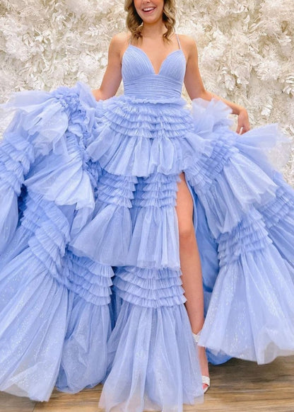 Tulle Deep V Neck Spaghetti Straps Long Prom Dresses