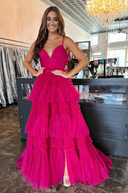 Tulle Deep V Neck Spaghetti Straps Long Prom Dresses