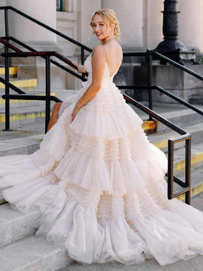 Tulle Deep V Neck Spaghetti Straps Long Prom Dresses