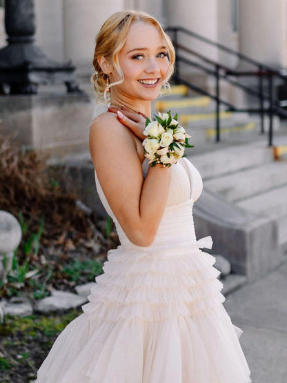 Tulle Deep V Neck Spaghetti Straps Long Prom Dresses