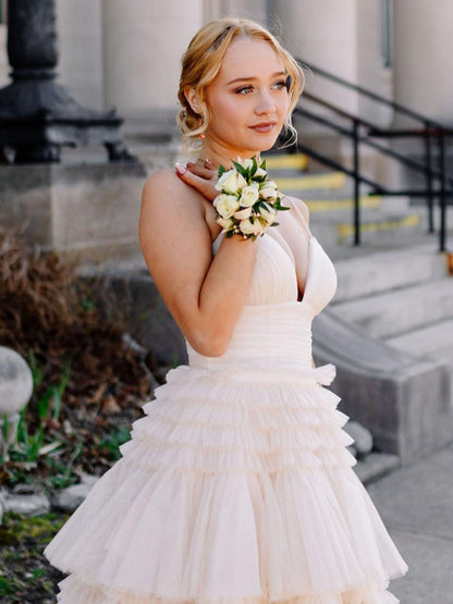 Tulle Deep V Neck Spaghetti Straps Long Prom Dresses