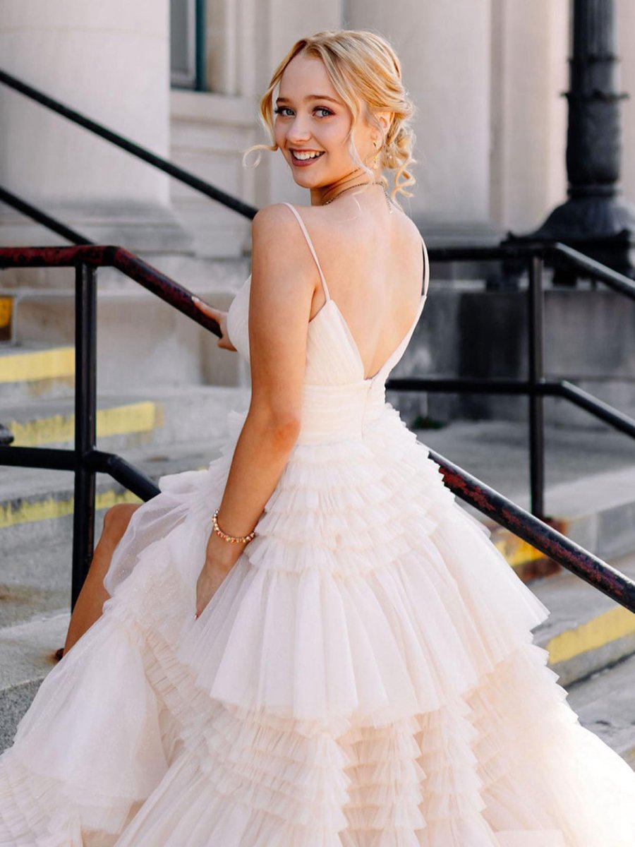 Tulle Deep V Neck Spaghetti Straps Long Prom Dresses