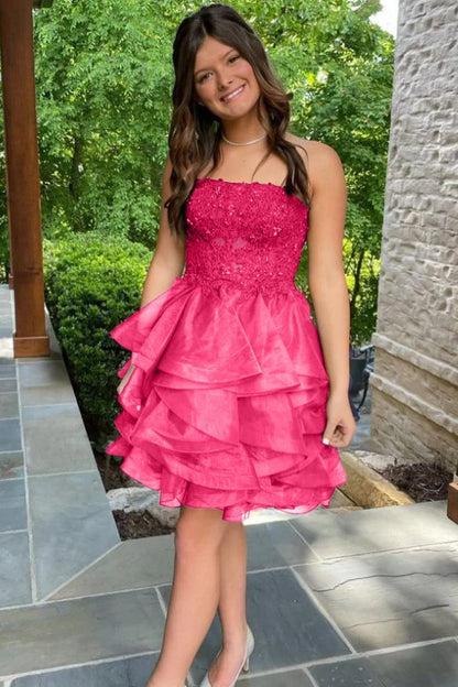 A-line Lace Appliques Organza Short Homecoming Dresses